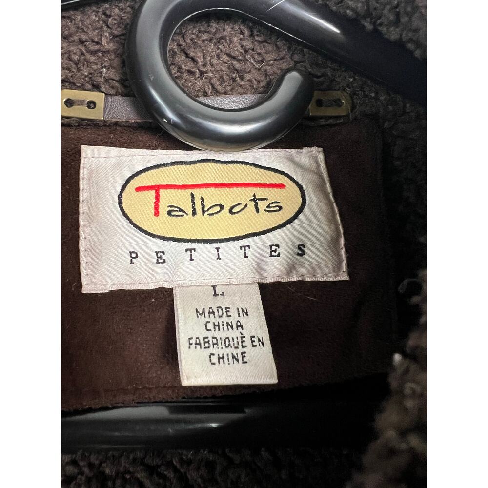 Vintage Talbots Chocolate Brown Faux Fur Trim Suede Toggle Coat Petite Large - Picture 5 of 8